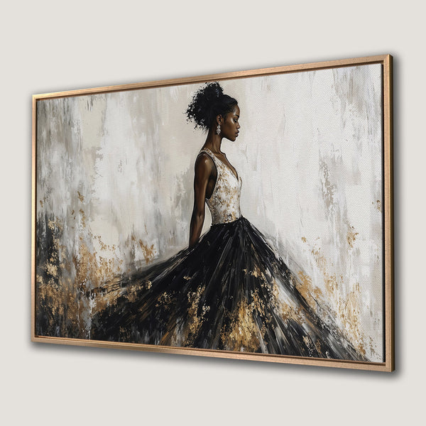 Framed Wall Art: Elegant woman in a black and gold gown, abstract style, neutral and gold color palette. Perfect for modern decor.
