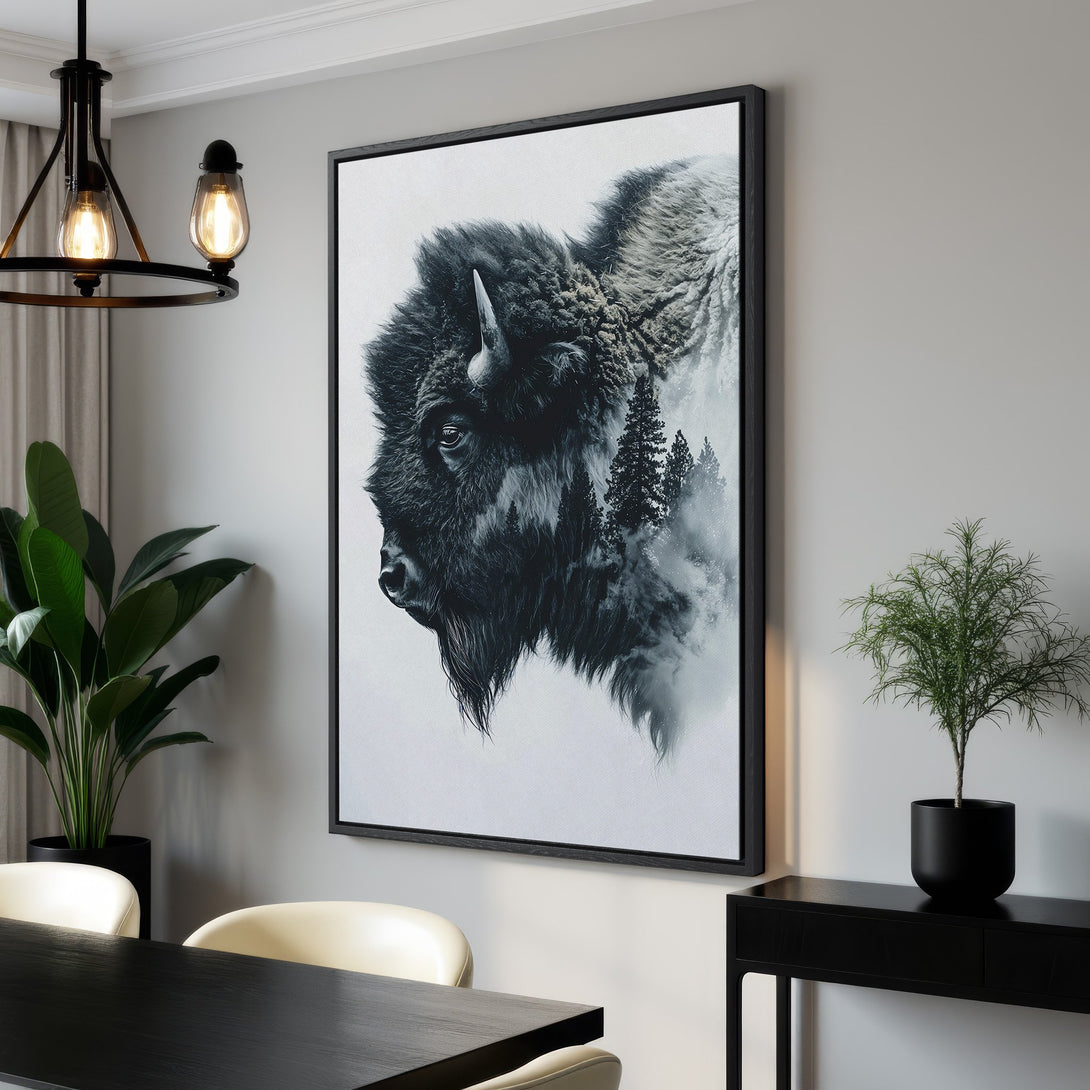 Framed Wall Art: Stunning black & white bison canvas print. Modern, minimalist decor featuring a majestic animal portrait. Perfect for living room or office.