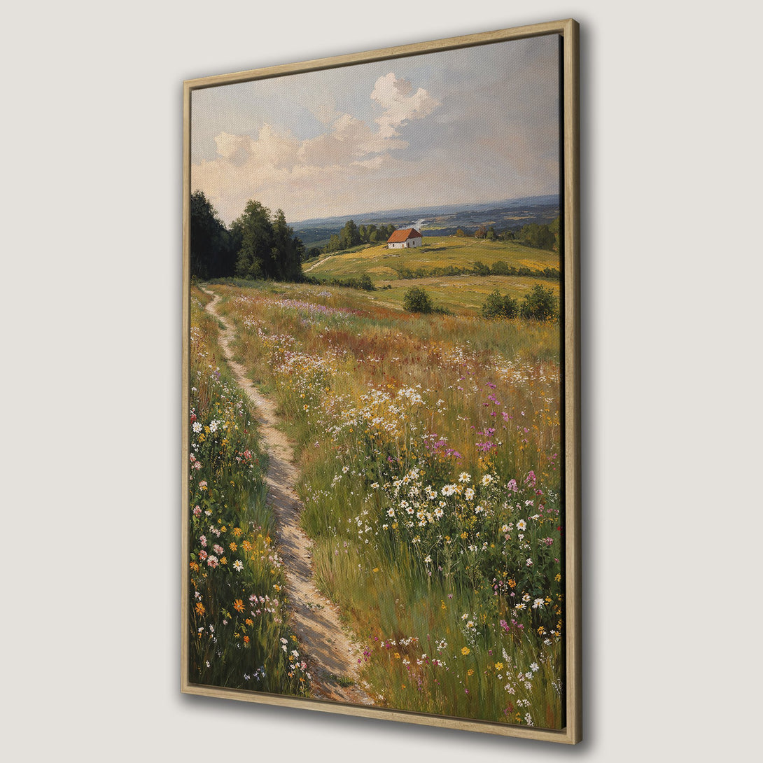 Framed Wall Art: Impressionist landscape Canvas Print with a path through wildflowers, featuring a house on a hill. Earthy tones and a calming aesthetic.