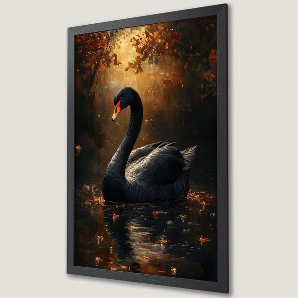 Framed Poster featuring a black swan in a pond, painted in an impressionistic style with a warm, autumnal color palette. Enhance your decor!