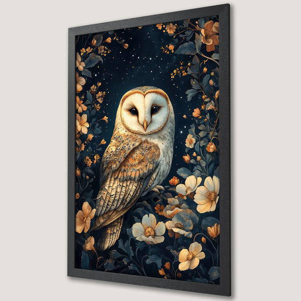 Framed Poster featuring an owl in a floral, whimsical style. Dark blue background with gold and cream color palette. Perfect wall art for your home!