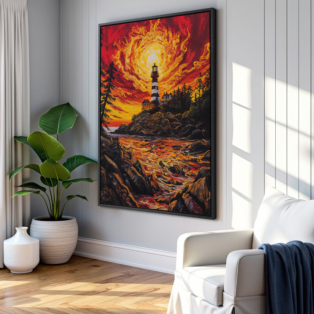 Framed Wall Art: Lighthouse painting with vibrant red, orange, and yellow hues. Dramatic coastal artwork adds a striking focal point to any space.