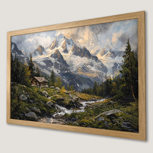 Framed Poster of a mountain landscape painting in a natural style with green, brown, and blue hues.