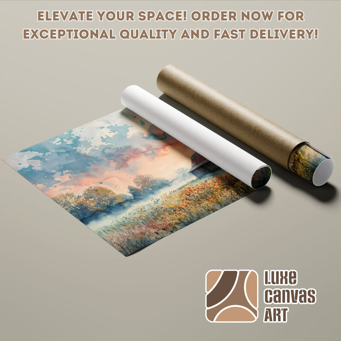 Watercolor landscape Poster Roll, soft blues, oranges, and greens. Elevate your space!