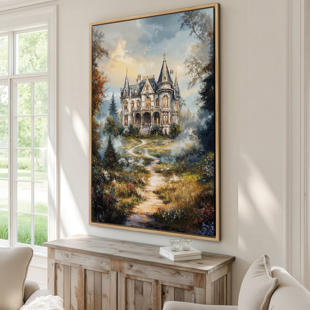 Framed Wall Art featuring a majestic house painting in a classic style with warm, earthy tones. Perfect for adding elegance to any room.