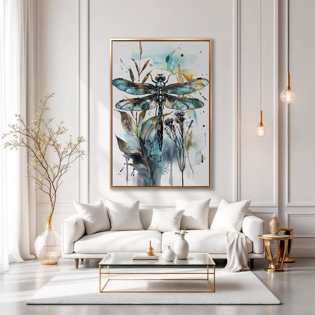 Framed Wall Art featuring a watercolor dragonfly in teal and blue hues. Modern, elegant decor for your living room.