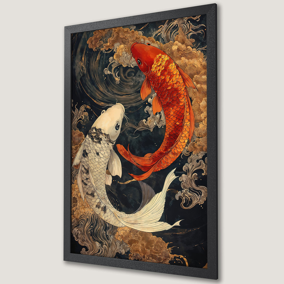 Framed Poster featuring koi fish in a Japanese art style. Dark, moody color palette with gold and orange accents. Perfect wall art!