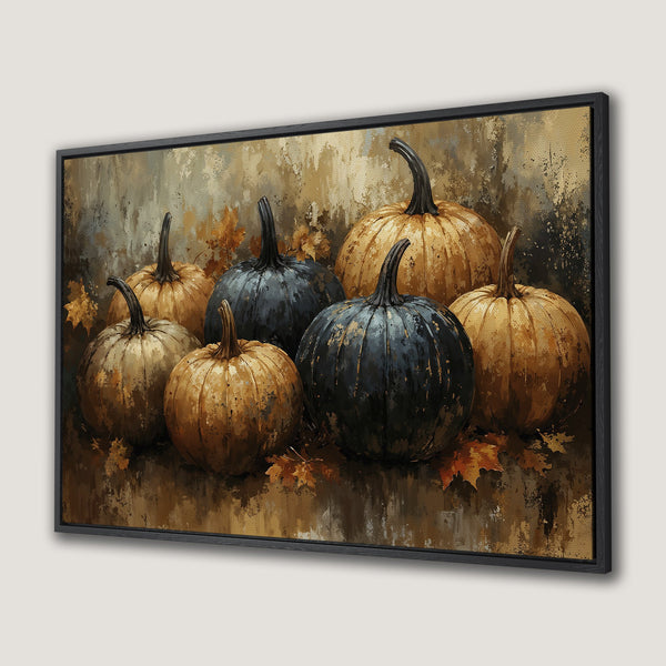 Framed Wall Art featuring a rustic pumpkin still life in warm autumn tones. Perfect fall decor for your home!