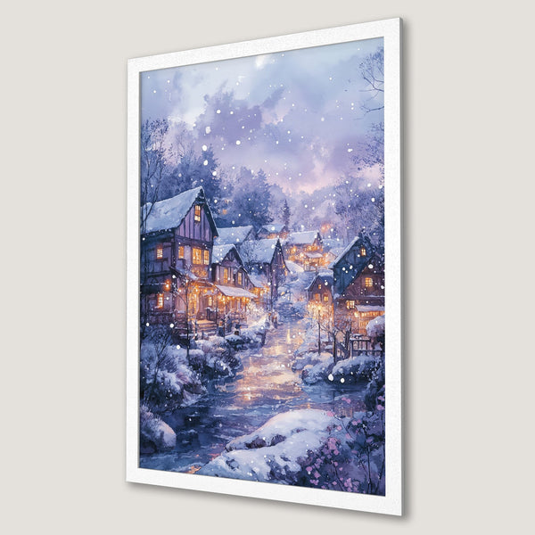 Framed Poster of a snowy village scene in a watercolor style. Features a winter landscape with a cool blue and purple color palette. Cozy home decor.