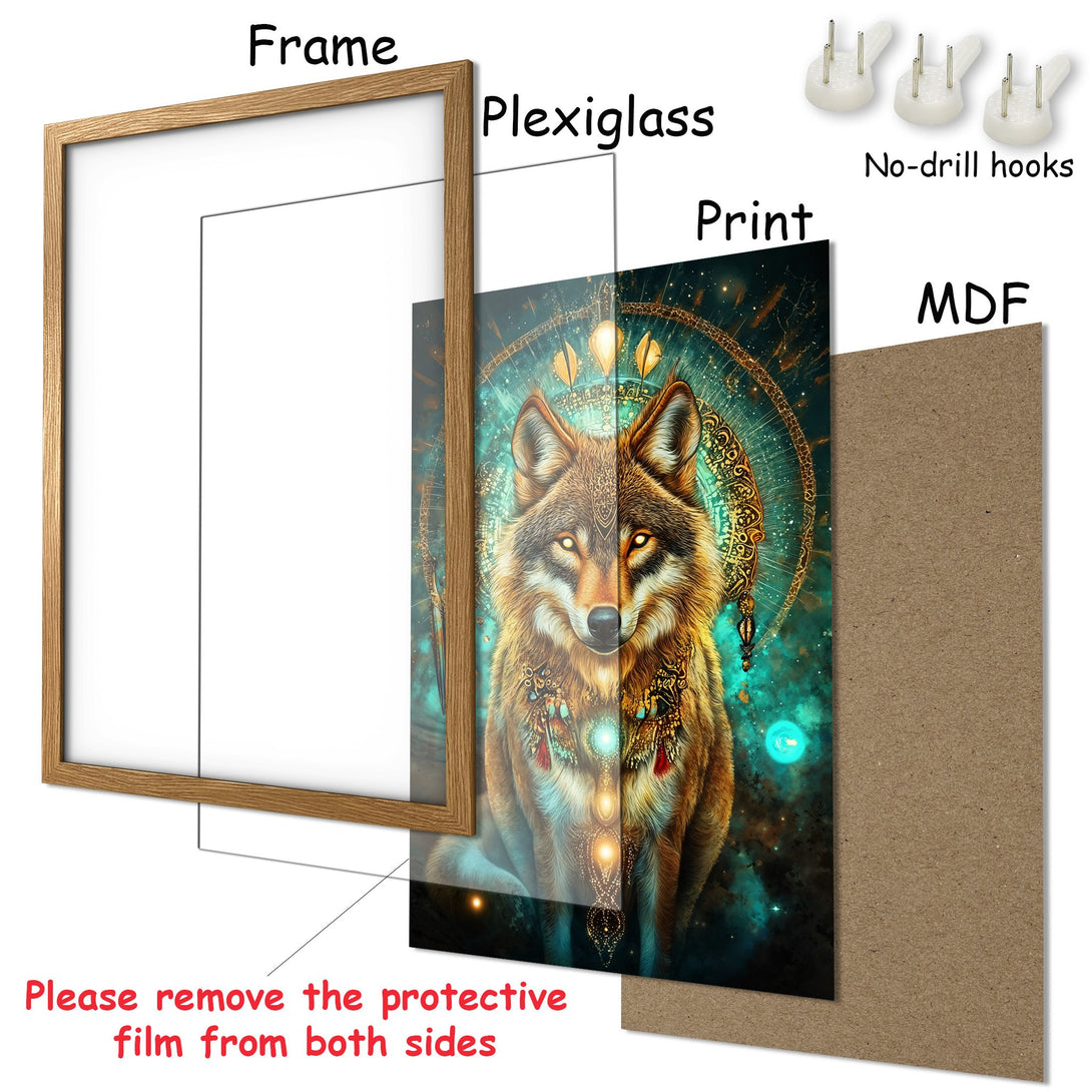 Framed Poster featuring a mystical wolf in a detailed, celestial style with a teal and gold color palette. Perfect wall art!