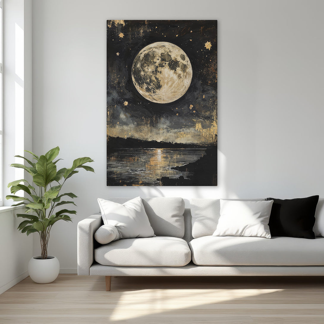 Framed Wall Art: Stunning moonlit landscape canvas print in black, gold, and neutral tones. Elevate your space with this elegant, celestial art piece.