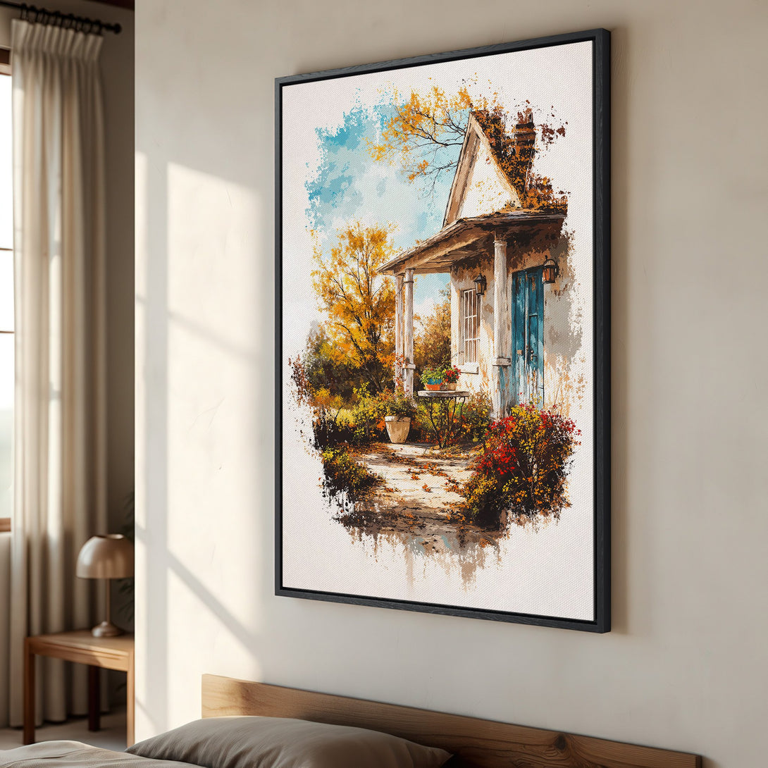 Framed Wall Art: Watercolor painting of a charming cottage with warm autumn colors. Perfect for adding a touch of rustic elegance to your home decor.