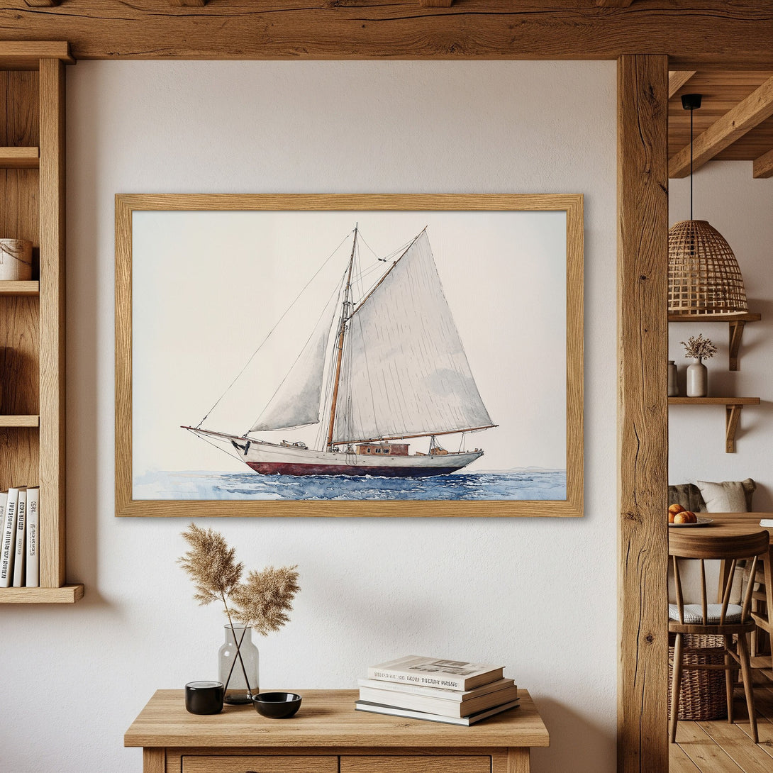 Framed Poster featuring a watercolor sailboat. Coastal style art with a calming blue and neutral color palette. Perfect nautical decor.