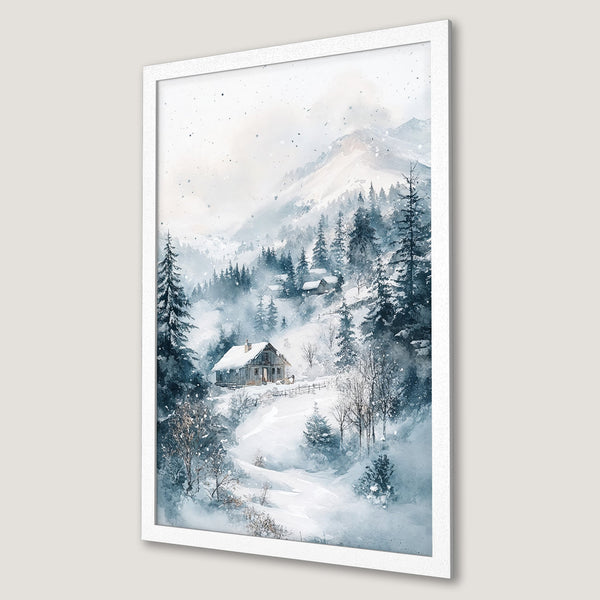 Framed Poster of a winter landscape with a cabin. Watercolor style art in cool blue and white tones. Perfect for home decor.