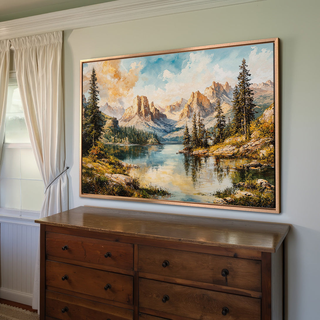 Framed Wall Art: Mountain landscape Canvas Print in warm tones. Rustic style art with a serene lake scene and a gold frame. Perfect for home decor.