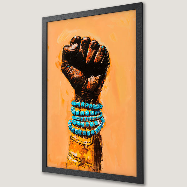 Framed Poster featuring a powerful fist with turquoise bracelets, in a vibrant orange and black color palette. Stylish wall art for your home.