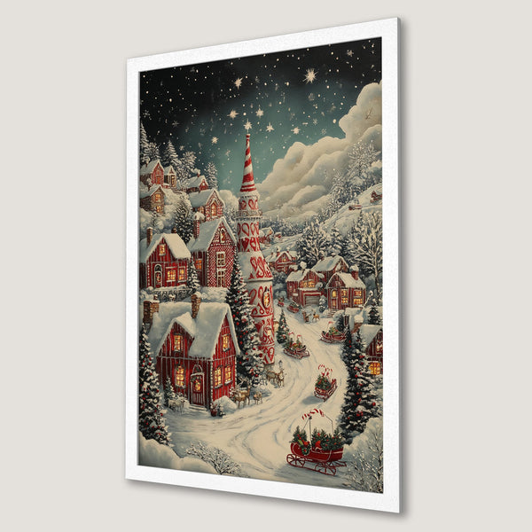 Framed Poster of a charming winter village scene. Featuring red houses, snowy landscape, and a festive color palette. Perfect holiday decor!