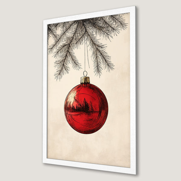 Framed Poster featuring a festive red ornament with a forest reflection. Vintage style art with a neutral and red color palette. Perfect holiday decor!