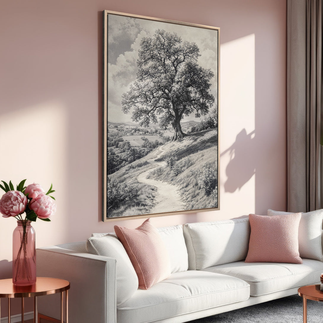 Framed Wall Art: Black and white landscape Canvas Print featuring a tree and path. Neutral color palette, perfect for adding a touch of elegance to any room.