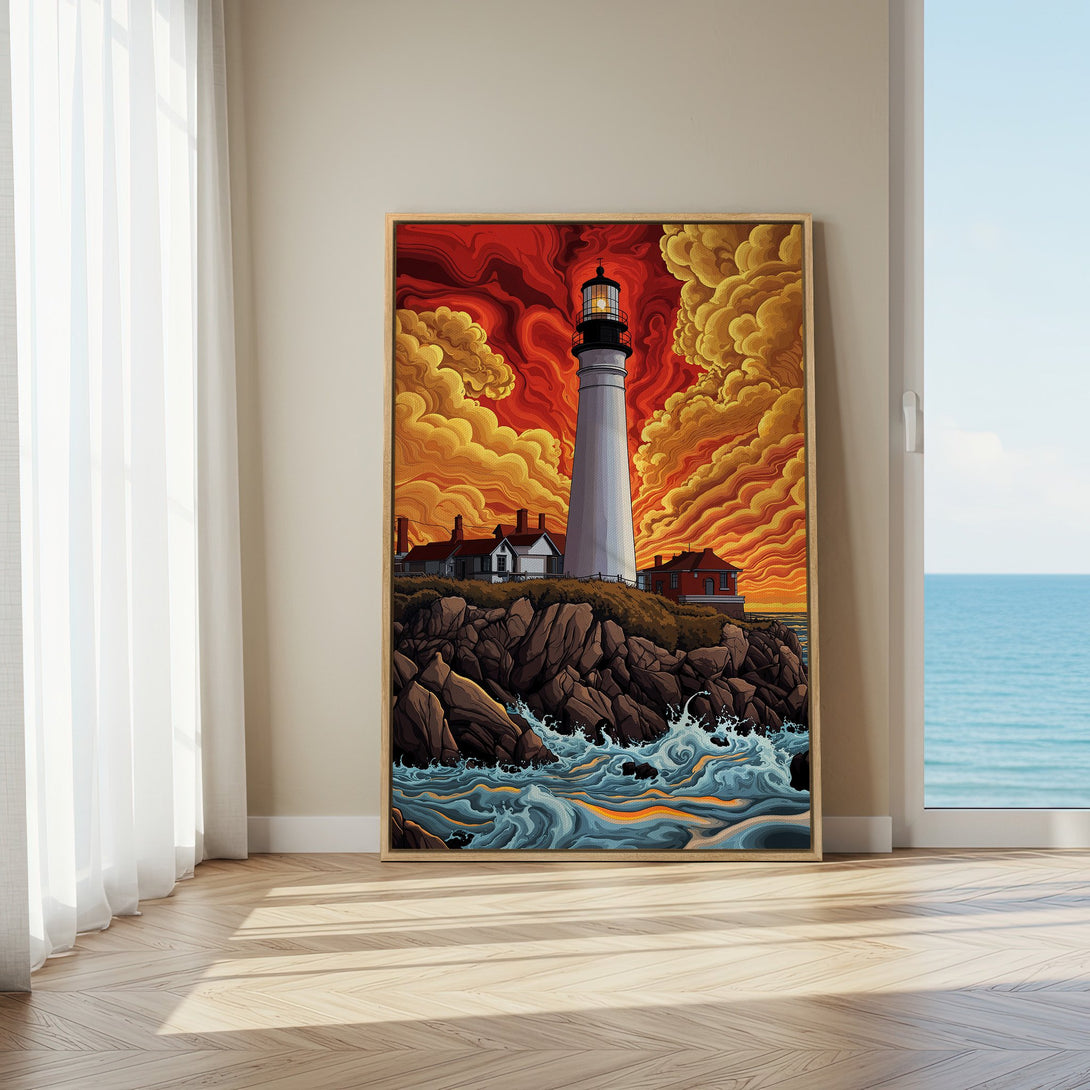 Framed Wall Art featuring a lighthouse on a rocky coast, vibrant orange and red sky. Stylish, eye-catching artwork perfect for any space.
