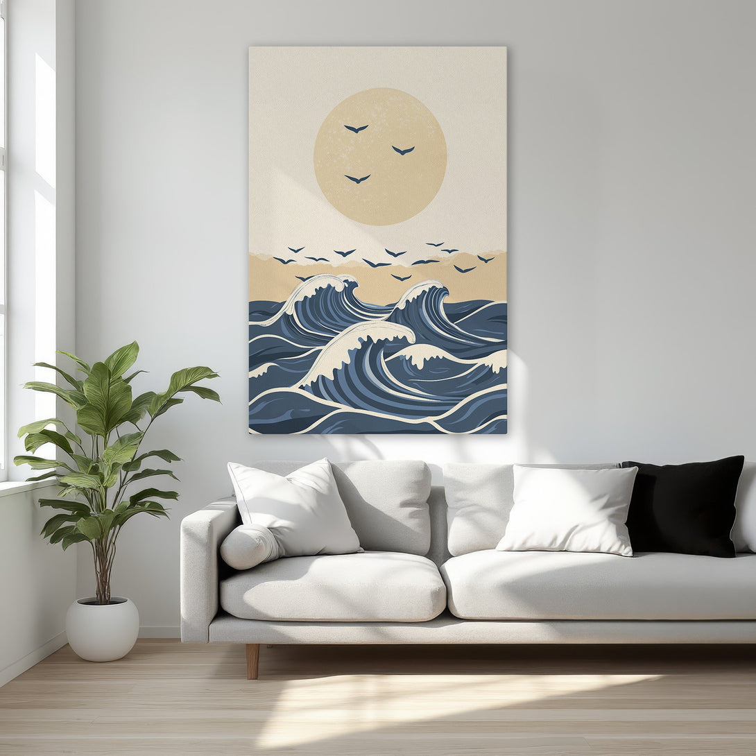 Framed Wall Art: Coastal waves art print in a modern style with a calming blue and beige color palette. Perfect for bedroom decor.