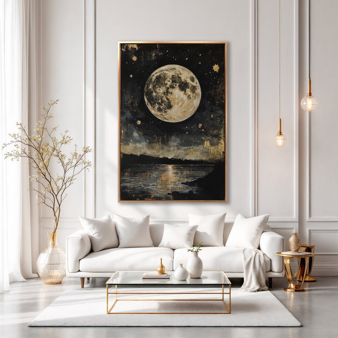 Framed Wall Art: Stunning moonlit landscape canvas print in black, gold, and neutral tones. Elevate your space with this elegant, modern artwork.