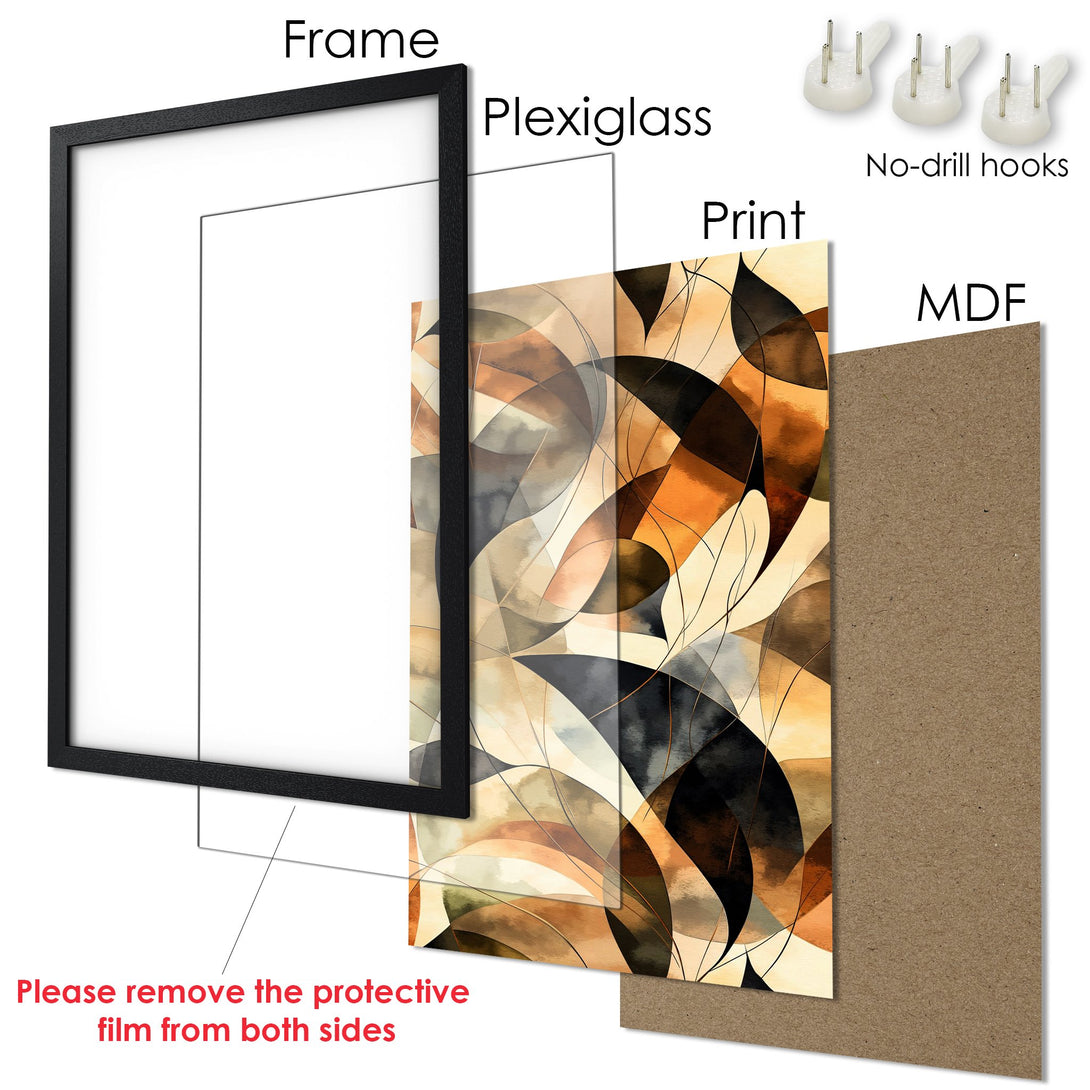 Framed Poster featuring an abstract geometric design in warm earth tones. Modern art print ready to hang.