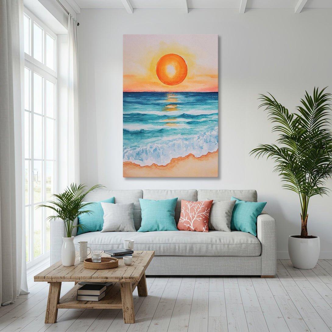 Framed Wall Art: Watercolor beach sunset canvas print in a modern living room. Features warm orange, blue, and gold color palette, perfect for coastal decor.