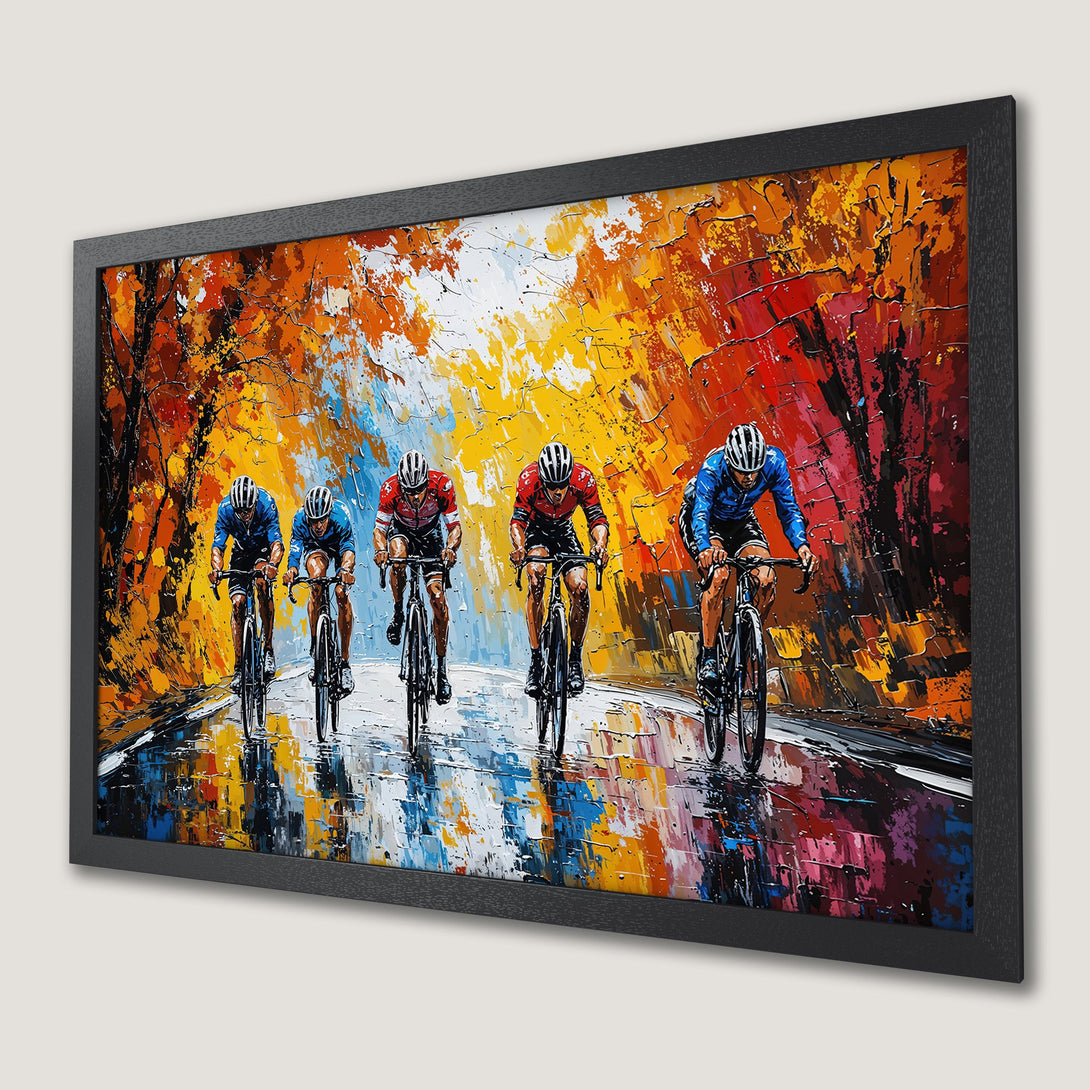 Framed Poster: Cyclists racing in vibrant, impressionistic style with a warm, autumnal color palette. Perfect wall art for sports fans!