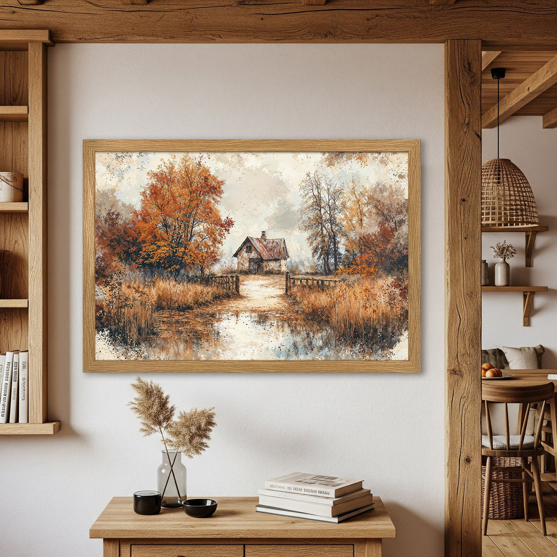 Framed Poster of a serene landscape in warm autumn tones. Rustic art style with a cozy, inviting feel. Perfect for home decor.