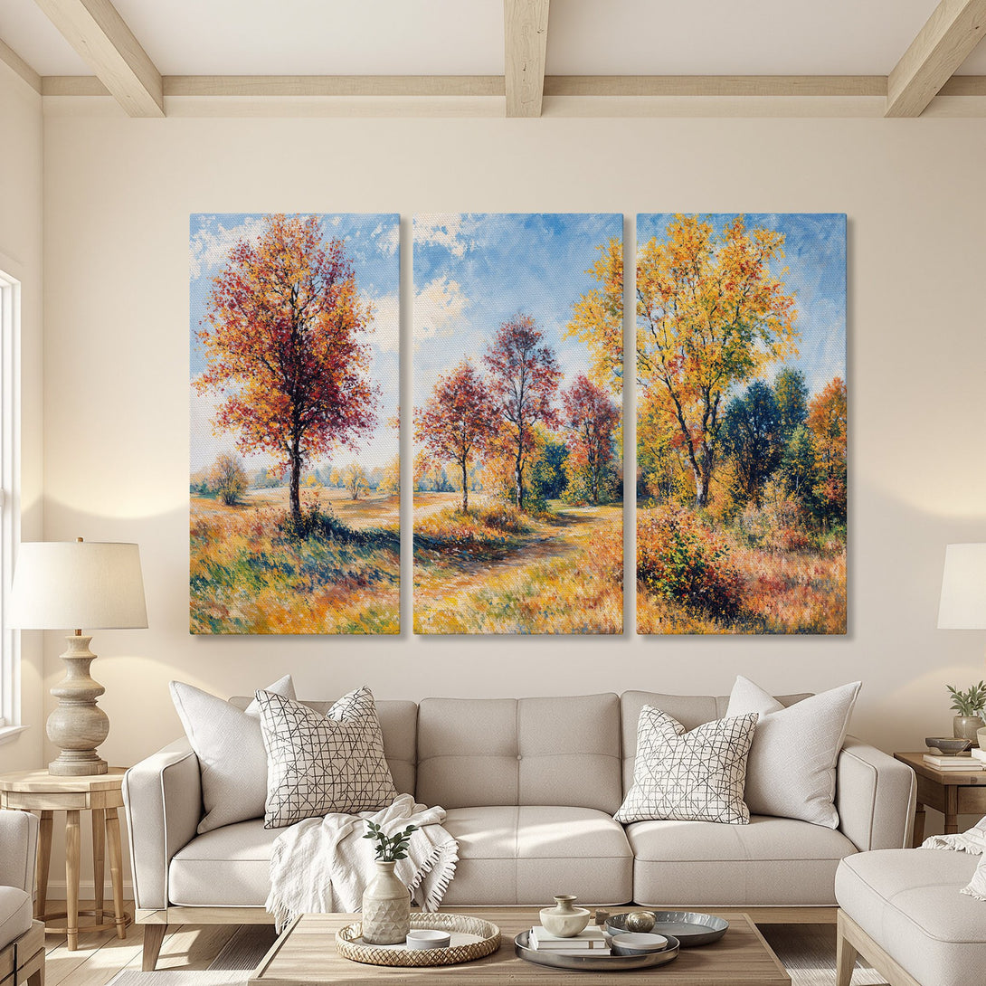 Canvas Print of autumn landscape art, featuring vibrant trees in warm orange, yellow, and red hues. Perfect for adding cozy style to your living room.