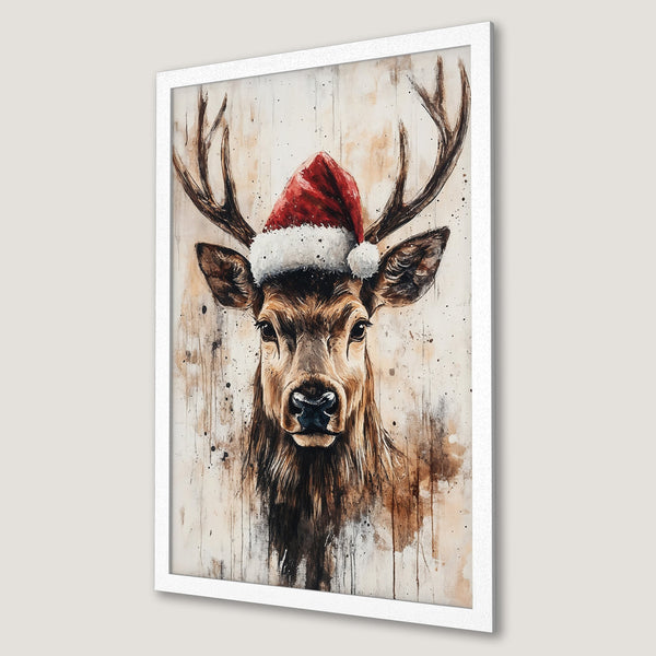 Framed Poster featuring a watercolor style deer wearing a Santa hat, in a warm neutral palette with red accents. Festive wall art.