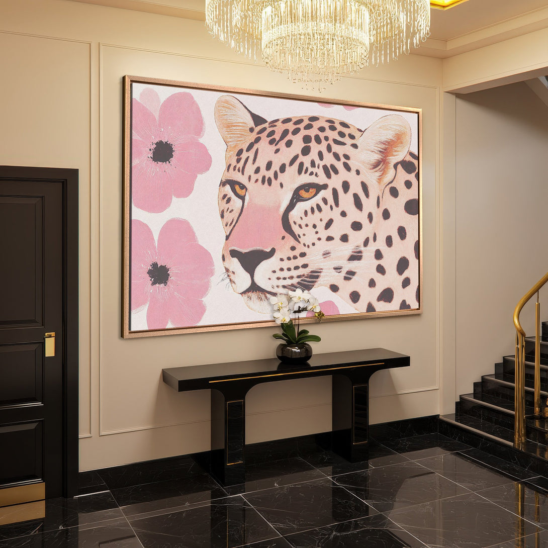 Framed Wall Art: Leopard portrait with pink flowers. Modern canvas print in a blush and neutral color palette, perfect for home decor.