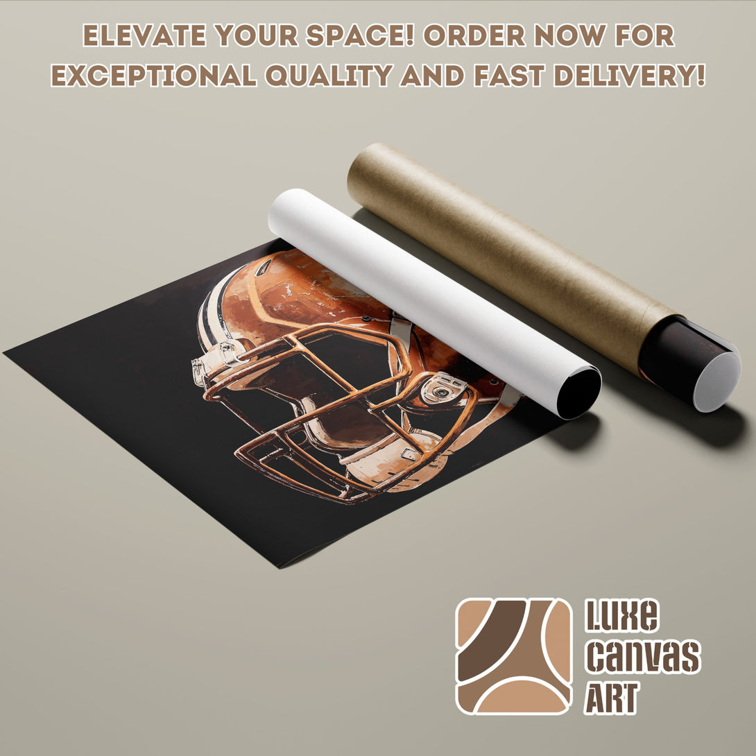 Poster Roll featuring a football helmet in a warm, brown palette. Elevate your space with Luxe Canvas Art!