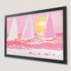 Sunset Beach Scene Art Poster: Pink Sailboats at Dusk