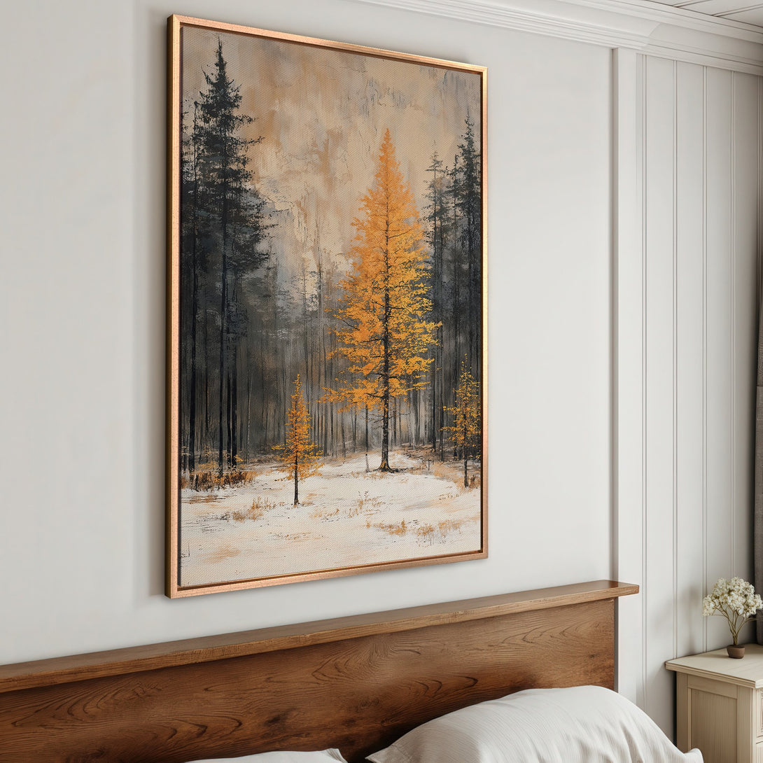 Framed Wall Art: Forest scene canvas print in warm tones. Featuring a golden tree in a misty, neutral palette, perfect for adding a touch of nature.