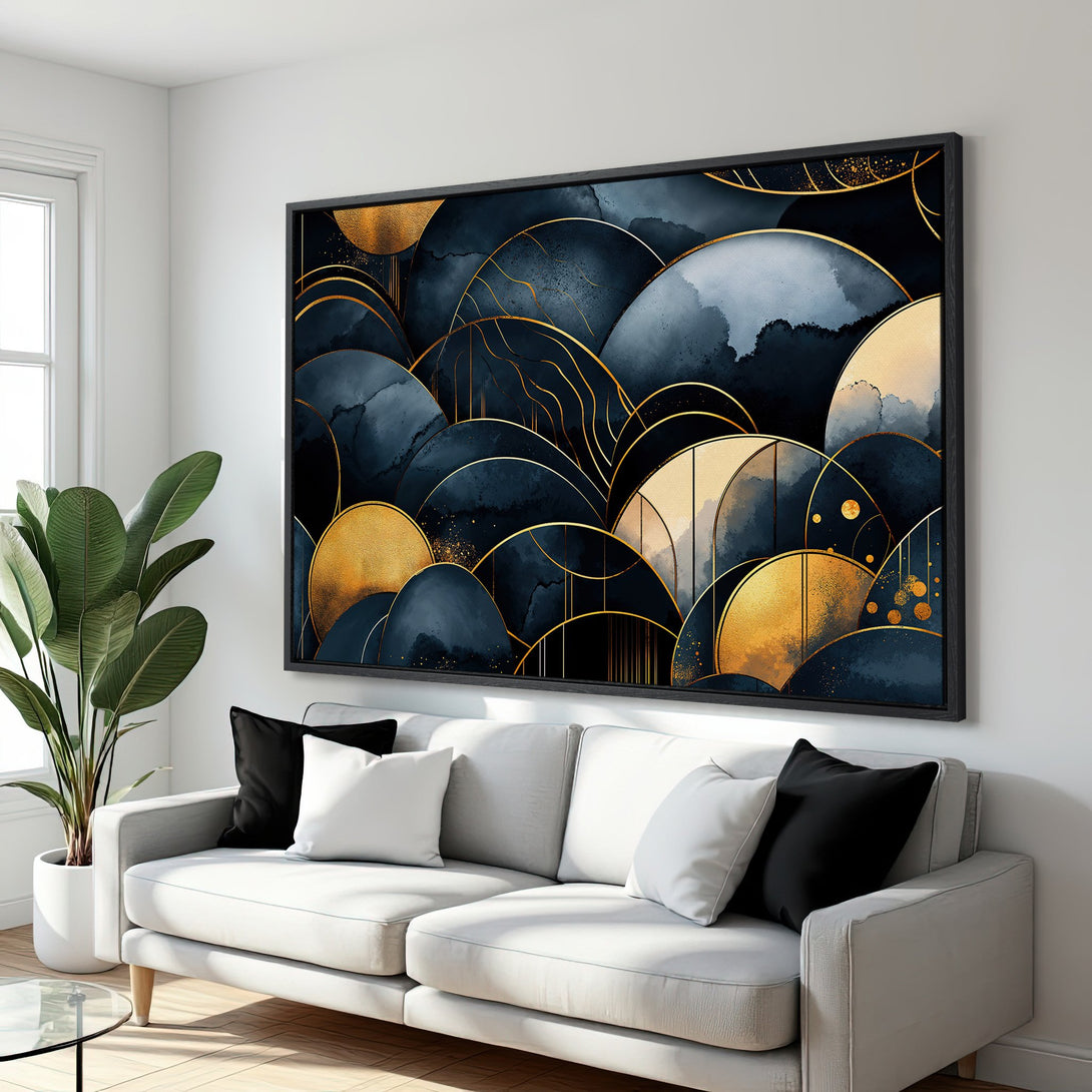 Framed Wall Art featuring an abstract watercolor design in navy, gold, and beige. Modern art print perfect for living room decor.