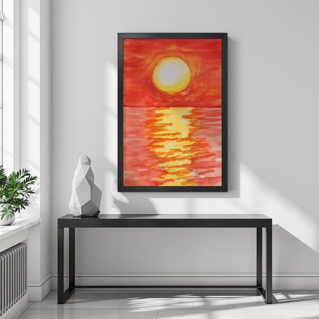Framed Poster: Watercolor sunset art in vibrant orange & yellow hues, perfect wall decor. Add warmth to your space!