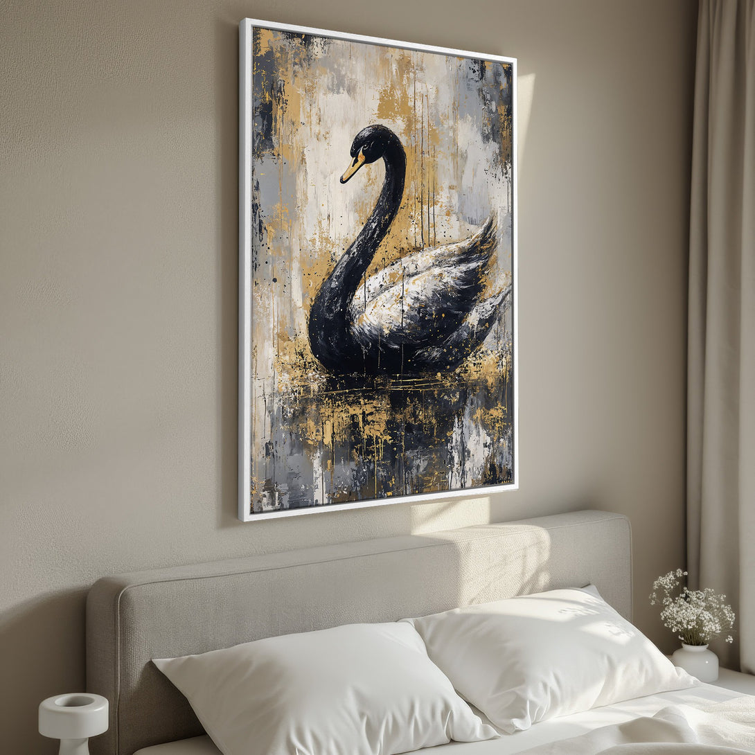 Framed Wall Art: Elegant black swan painting with gold accents. Modern art decor in a neutral color palette, perfect for bedroom or living room.