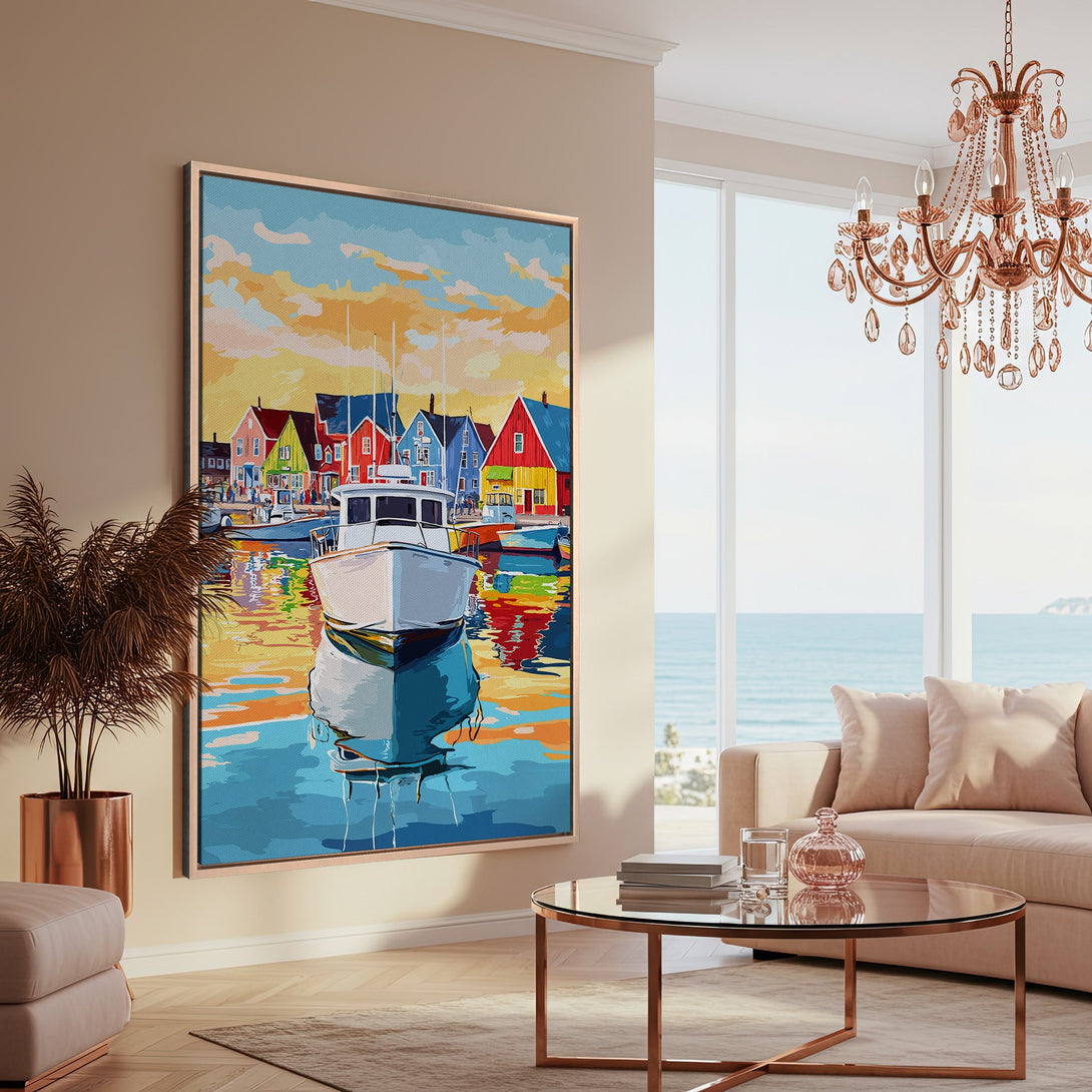 Framed Wall Art: Colorful coastal scene Canvas Print with boats and houses. Bright, vibrant palette adds a pop of color to any space. Perfect for home decor.