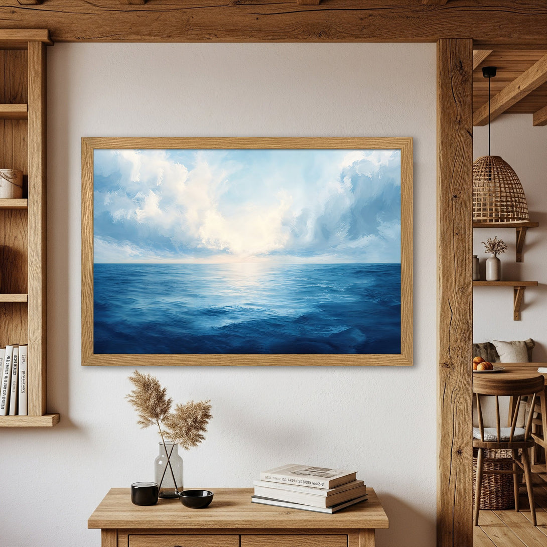 Framed Poster of ocean scene, impressionist style, blue and white color palette, perfect for coastal decor.