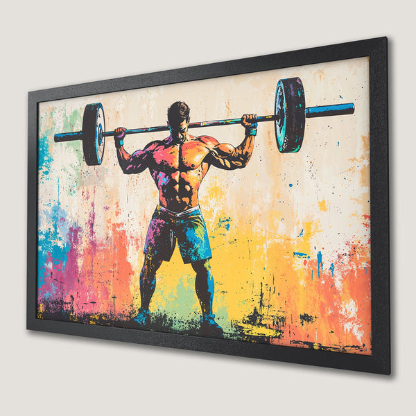 Framed Poster of weightlifter in vibrant, colorful abstract style. Perfect gym decor!