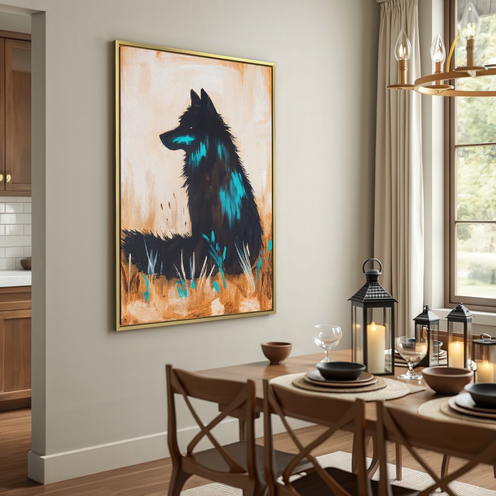 Canvas Print featuring a black wolf painting with teal accents. Rustic style, warm earth-tone color palette. Perfect wall art!