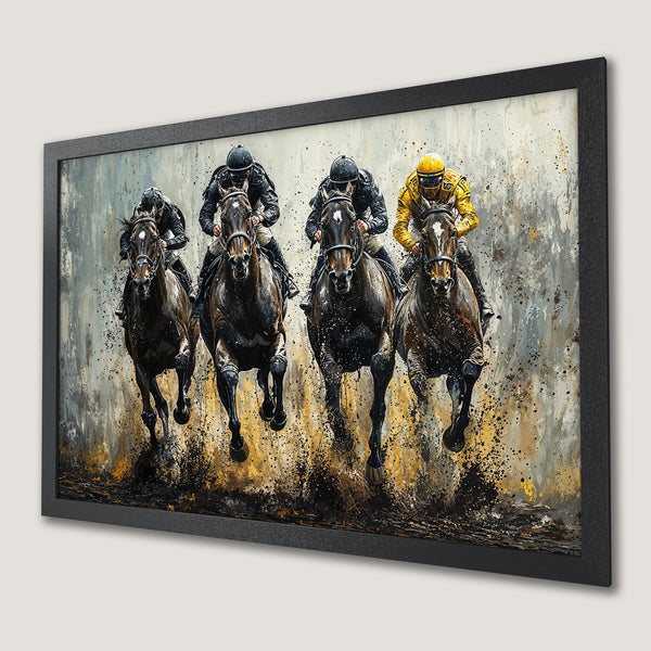 Framed Poster of a horse race in an expressive style, featuring horses and jockeys in black, yellow, and grey tones.