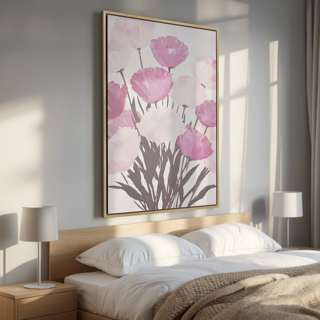 Framed Wall Art featuring a floral abstract in pink and white hues, adding a touch of elegance to a bedroom interior.