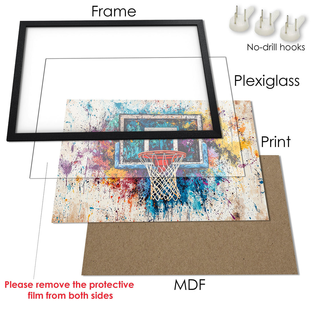 Framed Poster of a basketball hoop in a vibrant, abstract splatter style with a colorful palette. Perfect wall art!