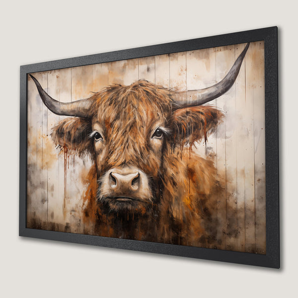 Framed Poster of a Highland cow in watercolor style, warm brown and beige tones. Add rustic charm to your space!