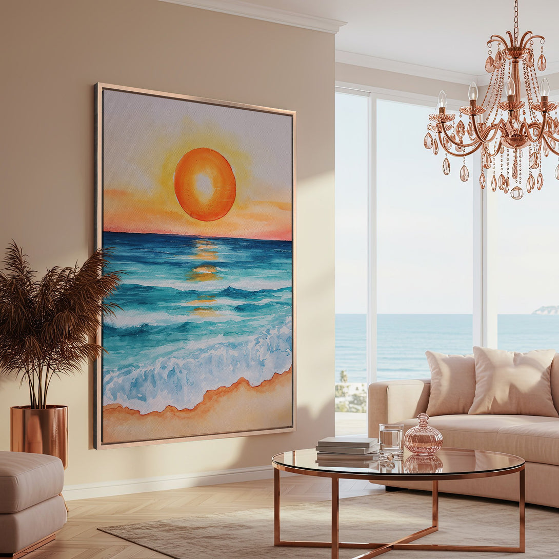 Framed Wall Art: Watercolor sunset over the ocean. Coastal style with warm orange, blue, and beige tones, perfect for living room decor.