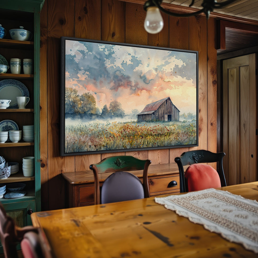 Framed Wall Art: Watercolor barn scene in warm sunset hues. Rustic style Canvas Print with a farmhouse aesthetic. Perfect for cozy interiors.
