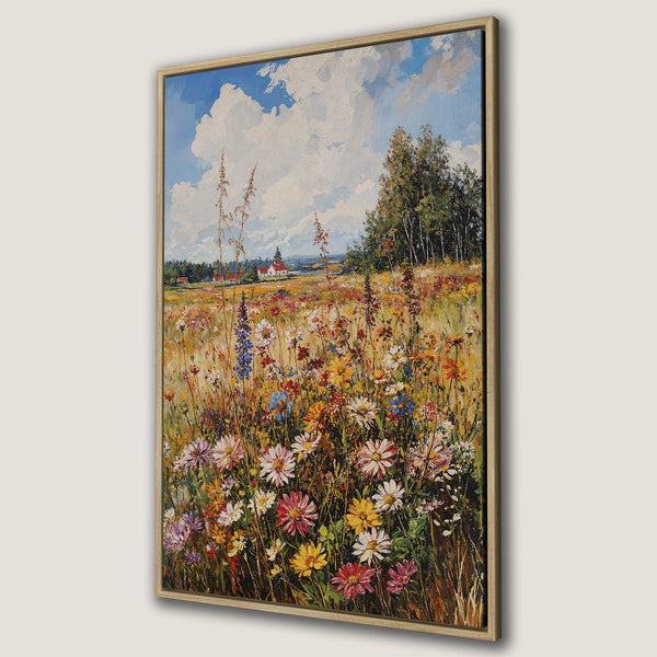 Framed Wall Art of a vibrant wildflower meadow painting. Impressionistic style with a warm, colorful palette of yellows, reds, and blues. Perfect for adding a touch of nature.